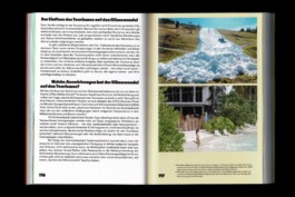 Editorial design for the Toourism exhibition by LWZ Studio and Manuel Radde, featuring an open catalog spread with text and pictures. LWZ Design and Animation Vienna