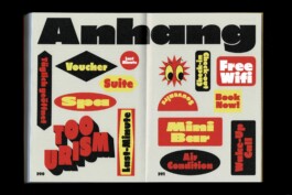 Editorial and book design for the Toourism exhibition by LWZ Studio, featuring an open catalog spread titled Anhang with bold black, red, and yellow typography stickers like Free Wifi and Mini Bar. LWZ Design and Animation Vienna