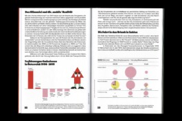 Editorial design for the Toourism exhibition by LWZ Studio and Manuel Radde, featuring an open catalog spread with text, info graphics and a small arrow illustration. LWZ Design and Animation Vienna